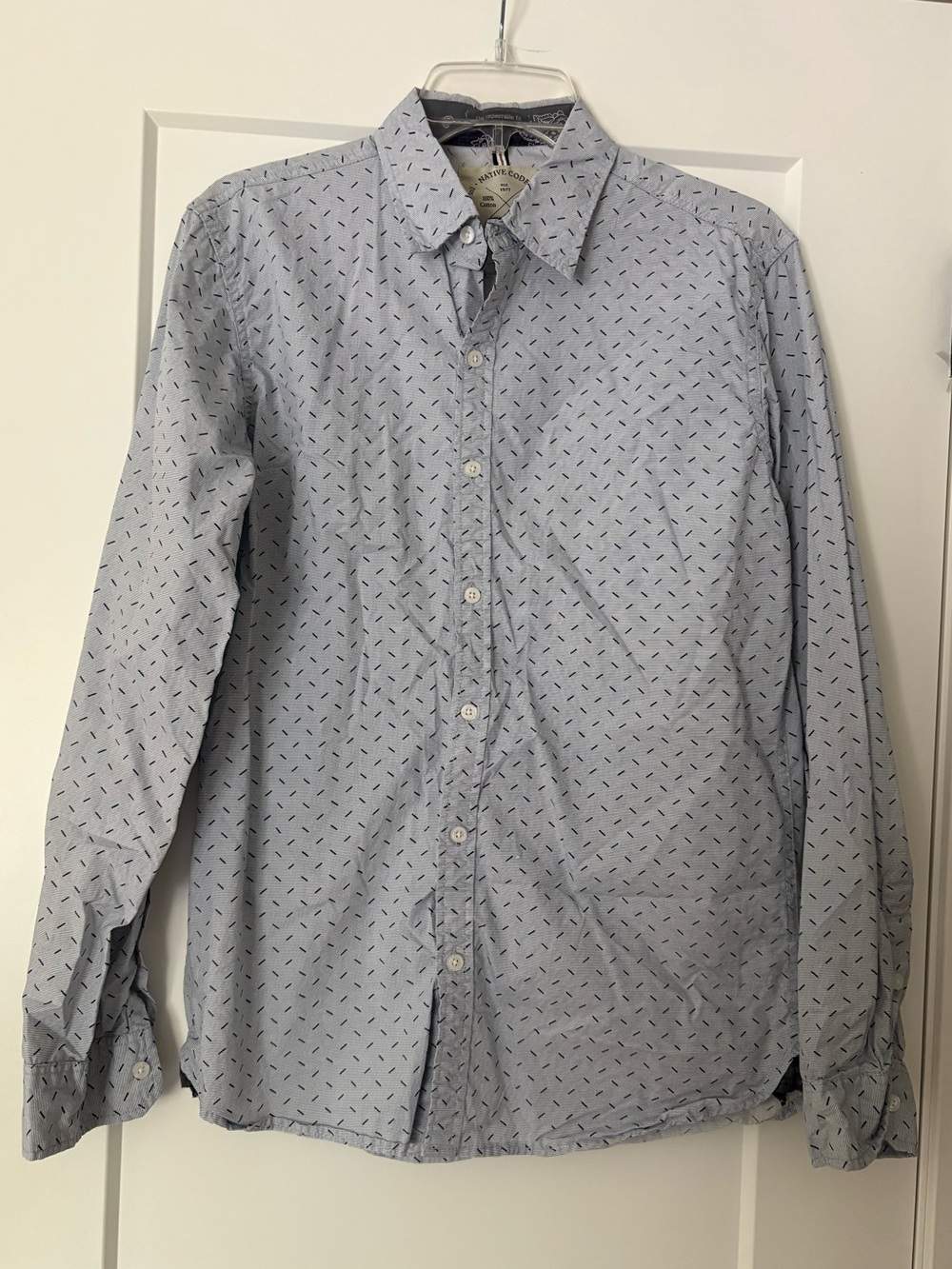 Men’s Light Blue Button-Down Shirt with Navy Micro Print